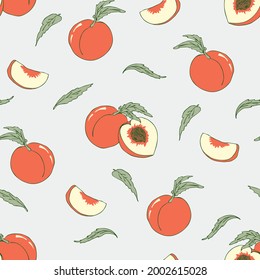 Seamless vector pattern with peaches on grey background. Simple summer fruit wallpaper design. Decorative sweet food fashion textile.