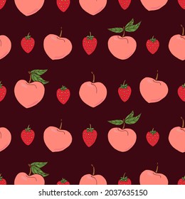 Seamless vector pattern of peaches and strawberries. Decoration print for wrapping, wallpaper, fabric, textile.