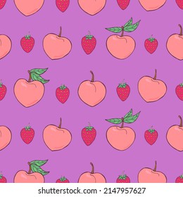Seamless vector pattern of peaches and strawberries. Decoration print for wrapping, wallpaper, fabric, textile.