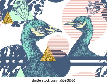Seamless vector pattern with peacock and abstract geometrical elements 