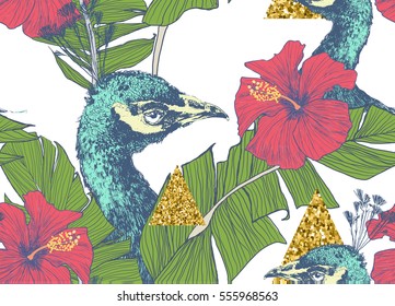 Seamless vector pattern with peacock, banana leaves and geometrical elements