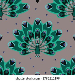 Seamless vector pattern with peacock fan on purple background. Beautiful bird wallpaper design. Simple romantic fashion textile.