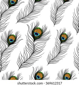 Seamless Hand Drawn Peacock Feathers Pattern Stock Vector (royalty Free 