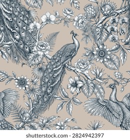 Seamless vector pattern with peacocks among tropical plants. Vintage engraving style illustration.