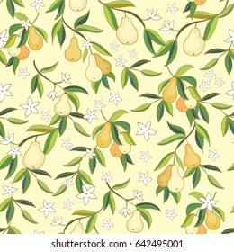 Seamless vector pattern with pear fruits and flowers on yellow background