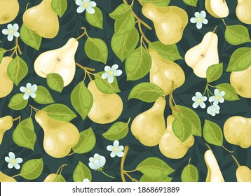 Seamless vector pattern of pear, leaves and flowers on a dark background. For printing on fabric, Wallpaper, and paper.