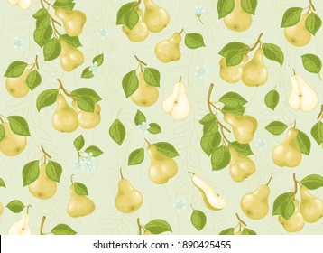 Seamless vector pattern of pear, leaves and flowers on a light background. For printing on fabric, Wallpaper, and paper.