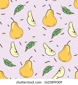 Seamless vector pattern with pear, pears and leaf and leaves on light grey background. Good for printing. Wallpaper, fabric and textile  design. Wrapping paper pattern. Cute pattern.