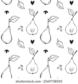 Seamless vector pattern with pears, leaves and hearts, black and white. Cute modern fruit print.