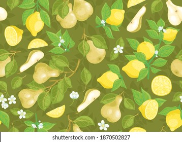 Seamless vector pattern of pears and lemons on a dark green background. For fabric, paper or Wallpaper.