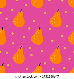 Seamless vector pattern with pears on a pink backgorund. Modern concept for fabric and paper, surface textures. Hand drawn flat illustration