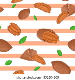 Seamless vector pattern of pecan nut. Striped background with delicious walnut, leaves. Illustration can be used for printing on fabric, textile in design packaging, packaging design
