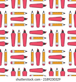 Seamless vector pattern with pencil and highlighter. Modern background with stationery and drawing supplies. 