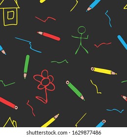 Seamless vector pattern with pencils and children's drawing on dark grey background. Kids wallpaper blackboard design. 