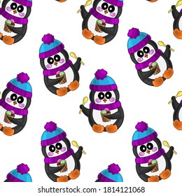 Seamless vector pattern with penguin and ice cream