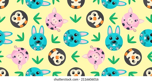 Seamless vector pattern of penguin, rabbit, pig. Round sheep, cat, owl on background