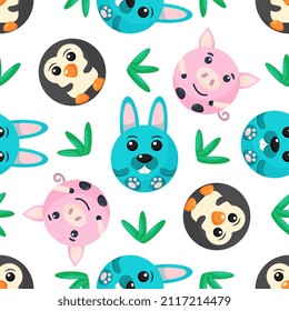 Seamless vector pattern of penguin, rabbit, pig. Round sheep, cat, owl on background
