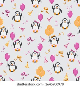 Seamless vector pattern with penguins, balloons and caps. Birthday pattern 