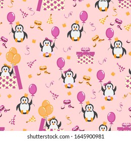 
Seamless vector pattern with penguins, balloons, caps, gifts and confetti.