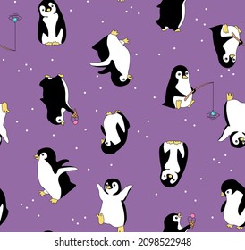 Seamless vector pattern with penguins on violet background. Perfect for wrapping paper, wallpaper, repeating elements, vintage design, notebook cover, fabric clothes design