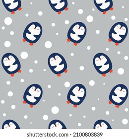 Seamless vector pattern with penguins on a gray background. Penguin and snowball print. Blue birds. Winter illustration. North Pole.