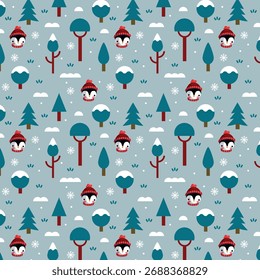 A seamless vector pattern with penguins, trees, and snow on a light background. Perfect for fabric, wrapping paper, and holiday stationery. Ideal for festive decor and gifts.