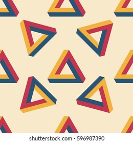 Seamless vector pattern with Penrose Triangle on light background. Impossible figure
