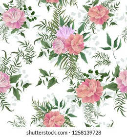 Seamless vector pattern with peonies. All elements are isolated.