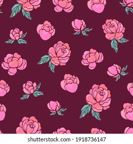 Seamless vector pattern of peonies. Background for greeting card, website, printing on fabric, gift wrap, postcard and wallpapers. 
