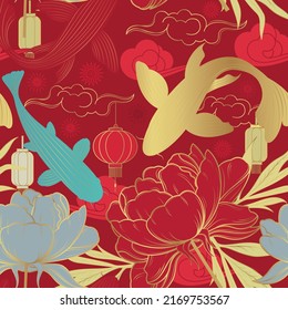 Seamless vector pattern with peonies and carps on a red background. Chinese background.