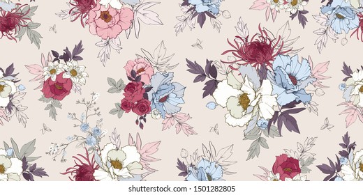 
Seamless vector pattern with peonies, chrysanthemums, roses and dahlia