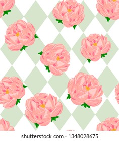 Seamless vector pattern "Peonies". Pink flowers with geometric background. Can be used as wallpaper, textile decor, wrapping paper.