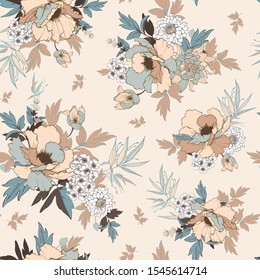 
Seamless vector pattern with peonies, tulips and bamboo. Floral background for surface design