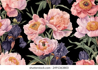 Seamless vector pattern with peony and iris flowers isolated on a changeable black background. Vintage watercolor painting style.