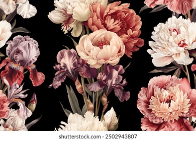 Seamless vector pattern with peony and iris flowers isolated on a changeable white background. Vintage watercolor painting style.