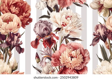 Seamless vector pattern with peony and iris flowers isolated on a changeable white background. Vintage watercolor painting style.