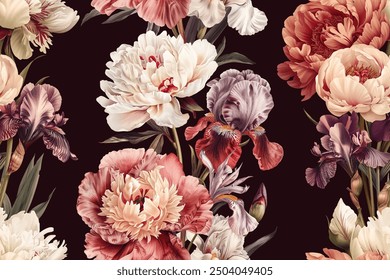 Seamless vector pattern with peony and iris flowers isolated on a changeable white background. Vintage watercolor painting style.