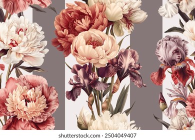 Seamless vector pattern with peony and iris flowers isolated on a changeable white background. Vintage watercolor painting style.