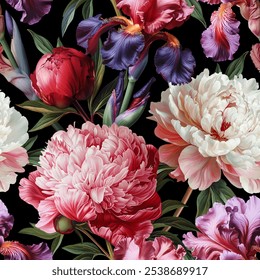 Seamless vector pattern with peony and iris flowers isolated on a changeable background. Vintage painting style illustration.