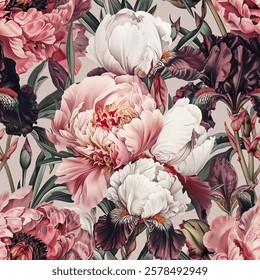 Seamless vector pattern with peony and iris flowers isolated on a changeable background. Vintage painting style illustration.