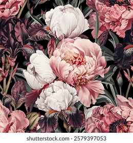 Seamless vector pattern with peony and iris flowers isolated on a changeable background. Vintage painting style illustration.