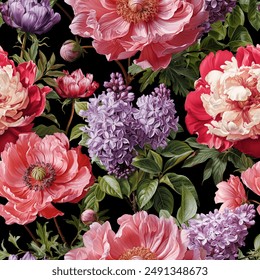 Seamless vector pattern with peony and lilac flowers isolated on a changeable black background.