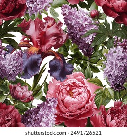 Seamless vector pattern with peony, lilac and iris flowers isolated on a changeable background.	