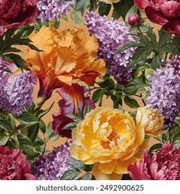 Seamless vector pattern with peony, lilac and iris flowers isolated on a changeable background.