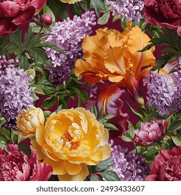 Seamless vector pattern with peony, lilac and iris flowers isolated on a changeable background.