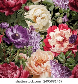 Seamless vector pattern with peony and lilac flowers isolated on a changeable background.