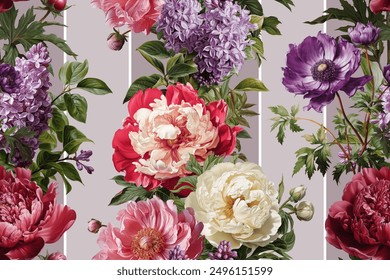 Seamless vector pattern with peony and lilac flowers isolated on a changeable background.