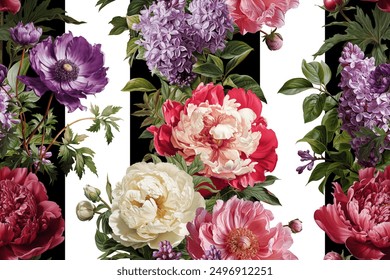 Seamless vector pattern with peony and lilac flowers isolated on a changeable background.