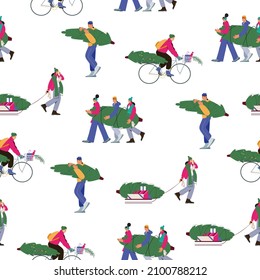 Seamless vector pattern of people enjoying winter and christmas time, wearing warm clothes, buying presents and carrying tree, riding bike. 