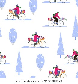 Seamless vector pattern of people enjoying winter and christmas time, riding bicycles with presents and dog, wearing warm clothes. Illustration on white background